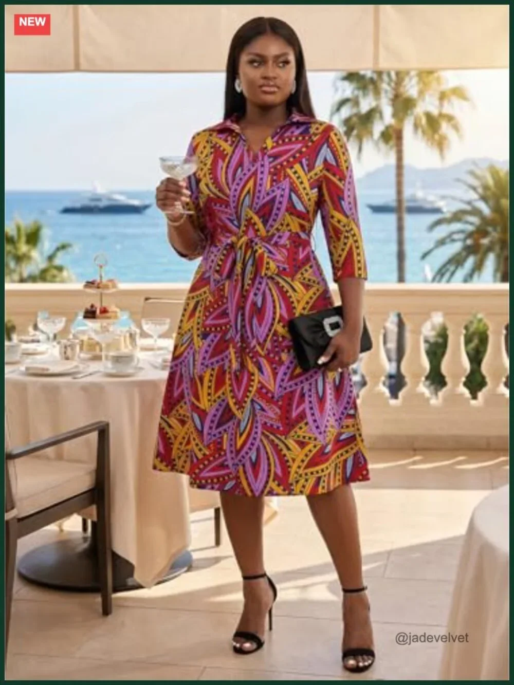 Plus Size African Print Midi Dress with Pockets and Belt